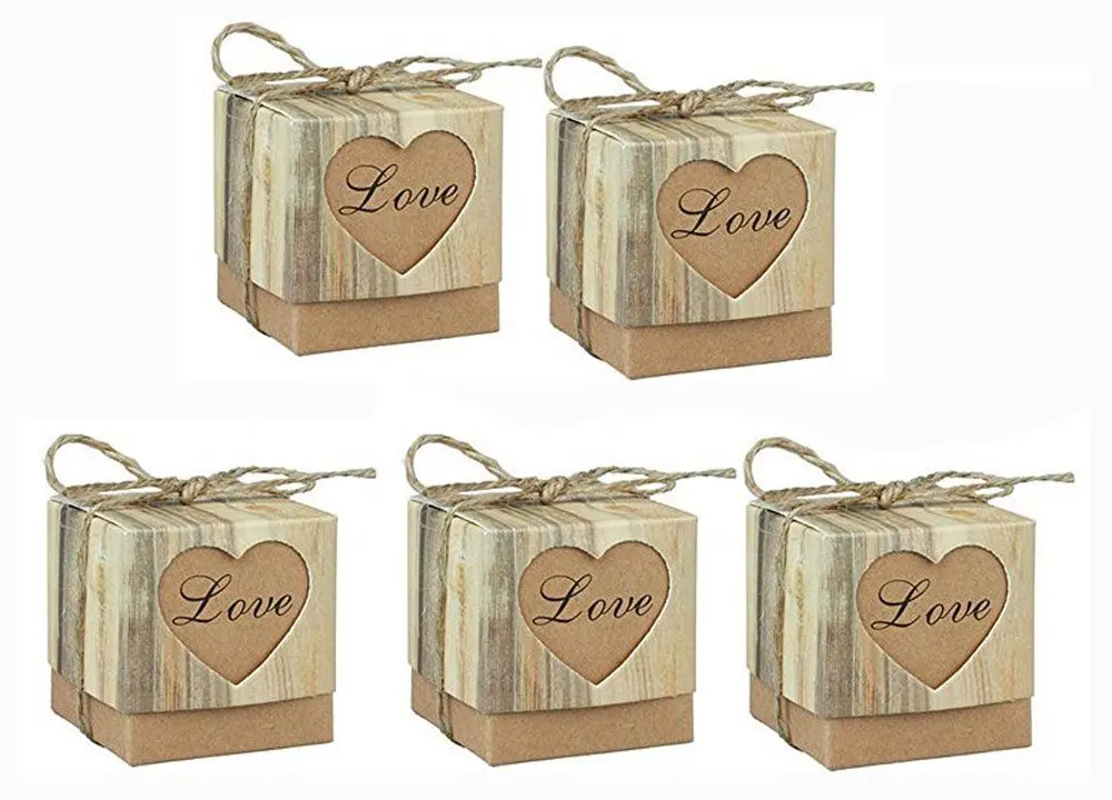 METABLE 50 pcs Romantic Heart Vintage Kraft Candy Box with Burlap Twine Chic for Wedding Decoration