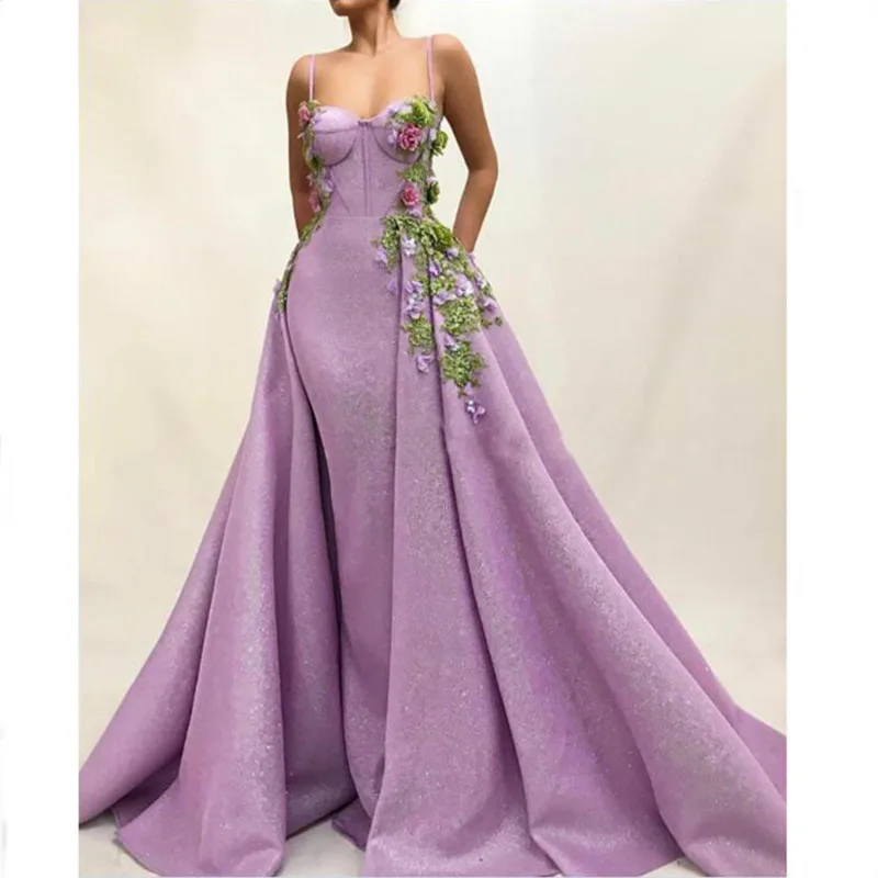 Высокое качество Фиолетовый 3D цветок вечерние торжественные платья Элегантное кружевное сексуальное длинное платье на бретельках для выпускного вечера