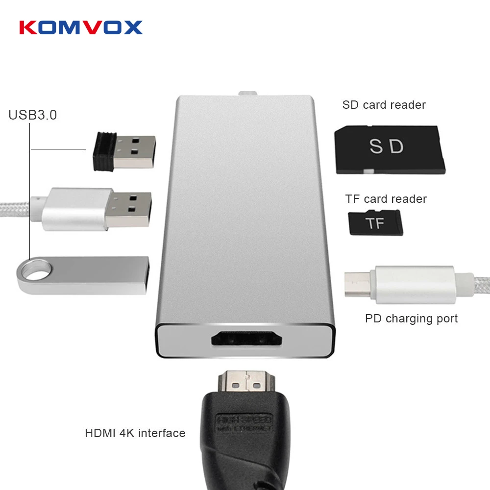 USB 3.1 Type C hub to 4K HDMI Adapter with 3 USB 3.0 ports SD/TF Card Reader PD Charging 7 in 1 adapter for Macbook Pro цена USB 3.1 Type C hub to 4K HDMI Adapter with 3 USB 3.0 ports SD/TF Card Reader PD Charging 7 in 1 adapter for Macbook Pro цены онлайн