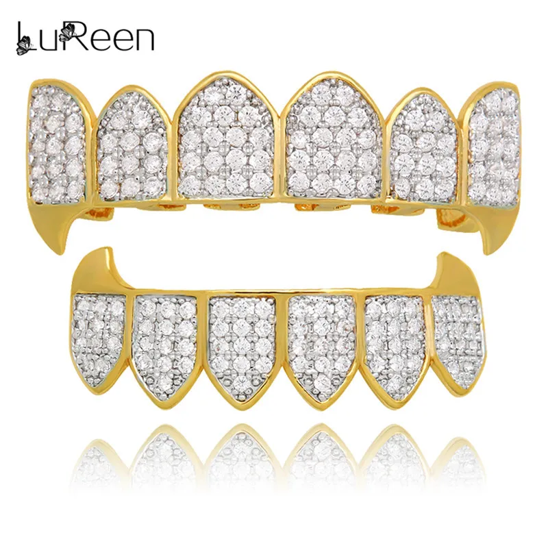 

LuReen Micro Pave CZ Teeth Grillz Top&Bottom Iced Out Grill Vampire Fang Grills Dental Cosplay Tooth Caps Rapper Jewelry
