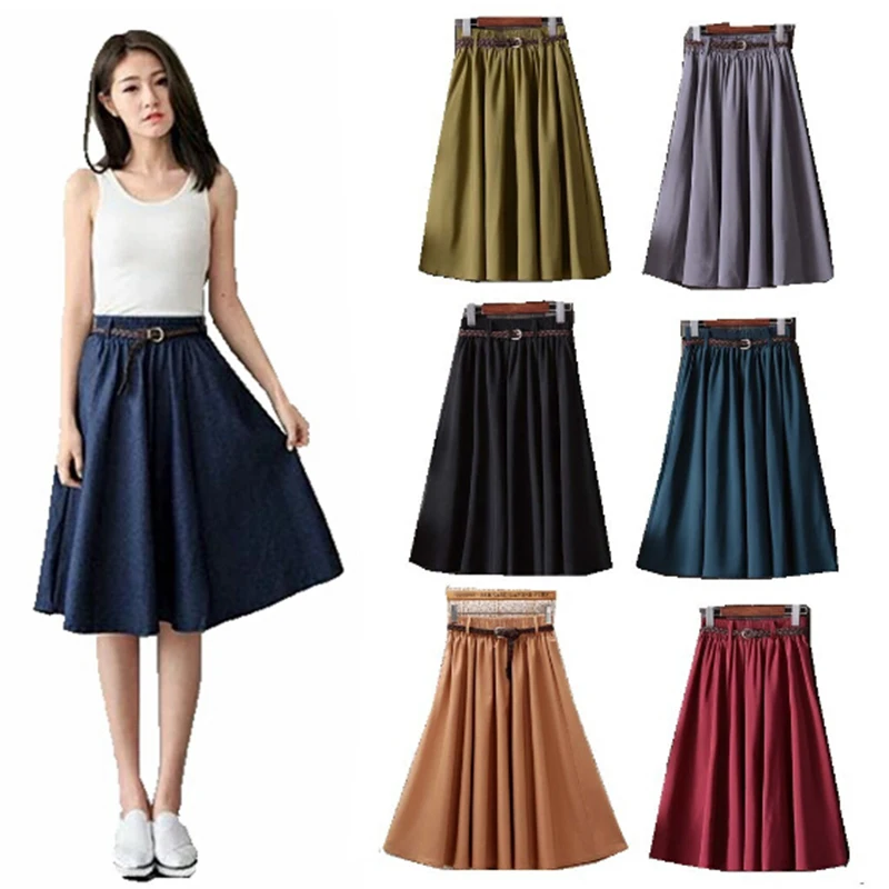 

Ladies High Waist Pleated A-line School Skirt Summer Knee Length Skirt Women With Belt Fashion Korean Female