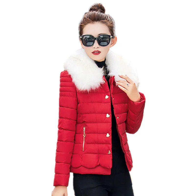 New Winter Jacket Women Outerwear Slim Fur Collar Solid Down Parkas Jacket Woman Warm Cotton Padded
