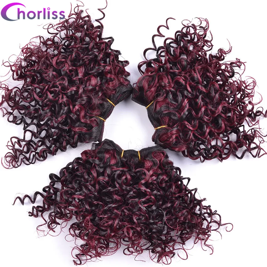 8" Afro Kinky Curly Hair Weaving Synthetic Hair Extensions Ombre Burgundy Weave Bundles Weft 105g/lot 3pcs/lot hair extensions