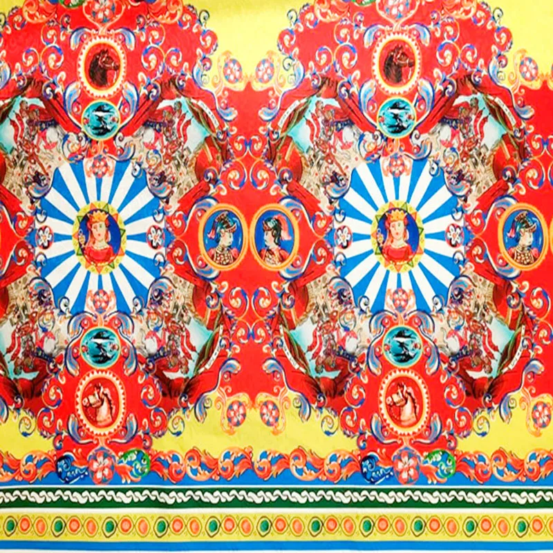 

80X145cm Fashion Week Located General and Horse Printed Red Yellow Jacquard Fabric for Woman Gril Autumn Winter Tank Dress