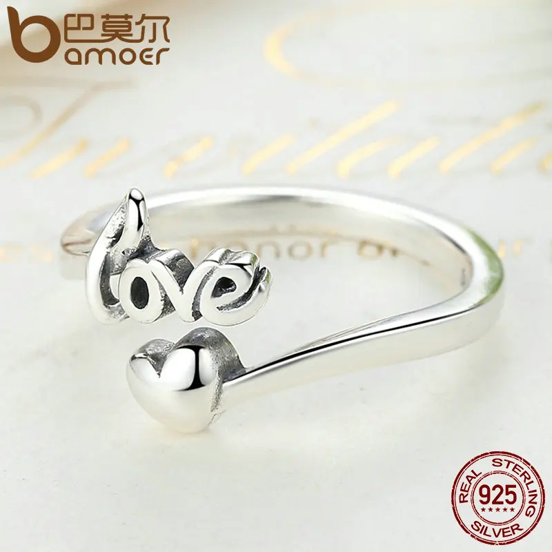 BAMOER Новое поступление 925 пробы Серебряное кольцо с надписью «I Love You» в форме сердца для женщин, свадебное обручальное ювелирное изделие SCR024