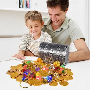 

Treasure Hunting Box Children Treasure Box Electroplated Retro Plastic Large Box Toy Gold Coins And Pirate Gems Jewelry Playset