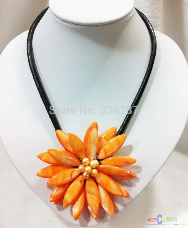 

17" Hand knit yellow shell sun flower leather necklace