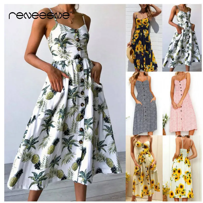 

hot sale women dress spaghetti strap sleeveless v neck A line print casual ladies dresses summer button mid-calf female vestidos
