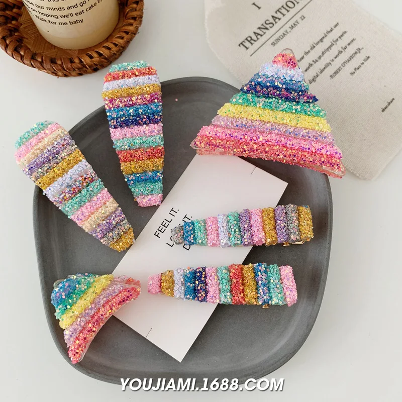 

2019 New Rainbow Gradient Hairpins Korean Fashion Hair Clips Kids Candy Color Triangle Oval Geometric Barrettes Hair Accessories