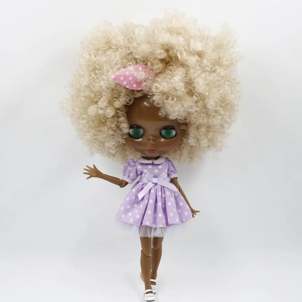 

Kids cartoon doll model Nude Blyth doll cream white curly hair with joint body dark Black skin Bjd 1/6 doll toys