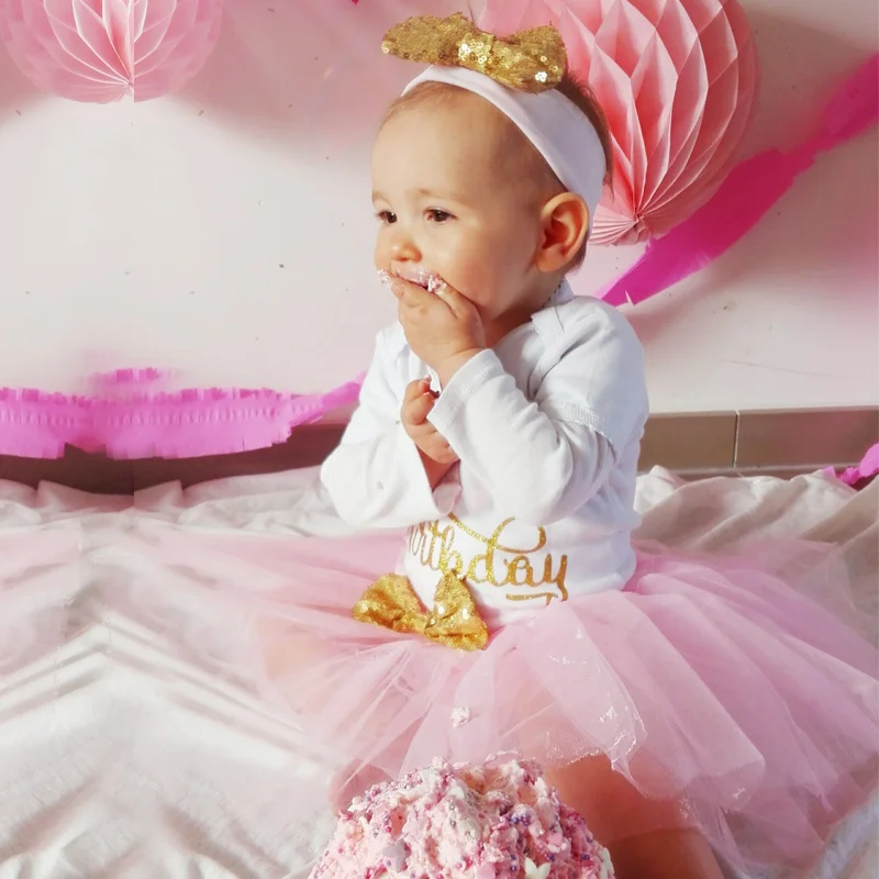 

1 Year Baby Girl First Birthday Dress Babes Ball Gown Gold Bow Cake Smash Dresses For Girls Christening 1st 2nd Birthday Wear