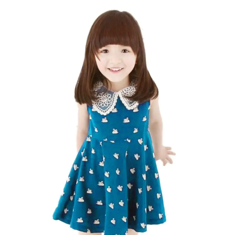 summer baby girls dress cotton blend lace kid mini dress swans printed lace o neck infanted - Colour Kid summer baby girls dress cotton blend lace kid mini dress swans printed lace o neck infanted - Colour Kid