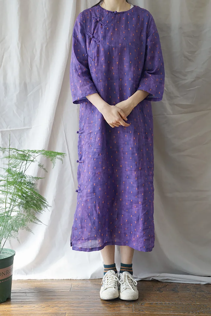 Женское платье из рами и пуговицами, фиолетовое, Cheongsam, весна, новинка, семь рукавов, круглый ворот, цветочный принт, высокое качество, платье