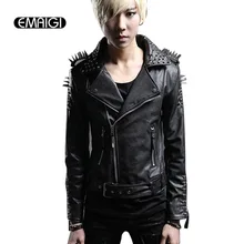 Мужская кожаная куртка с заклепками в стиле панк-рок, сценический костюм, уличная мода, приталенное пальто, локомотивные куртки, кожаные пальто