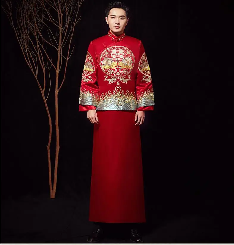 Красный Жених Винтаж свободный чеонгам традиционное китайское свадебное платье атлас Qipao Вышивка костюм дракона Vestido Oriental мужские