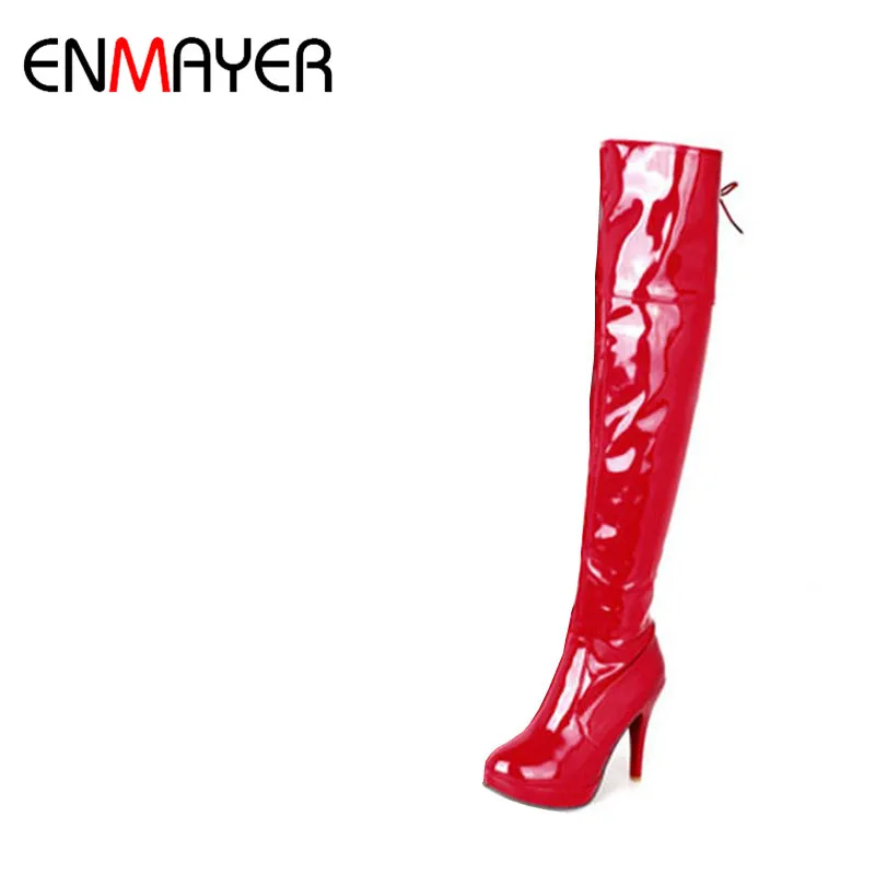 

ENMAYER Big size 34-43 Women Knee Boots Sexy High Heels White Shoes Platform Round Toe Buckle Over the Knee Boots Winter Shoes