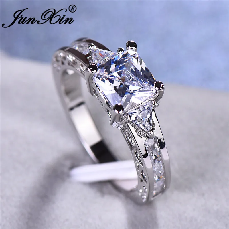 

JUNXIN Princess Multicolor Zircon Square Rings For Women Men White Gold Purple Green Blue Black Stone Wedding Ring Female Male