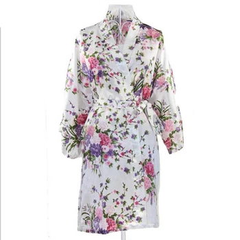 

Sexy White Brides Wedding Robe Dress Women's Elegant Print Satin Nightwear Flowers Kimono Bathrobe Gown Pajamas