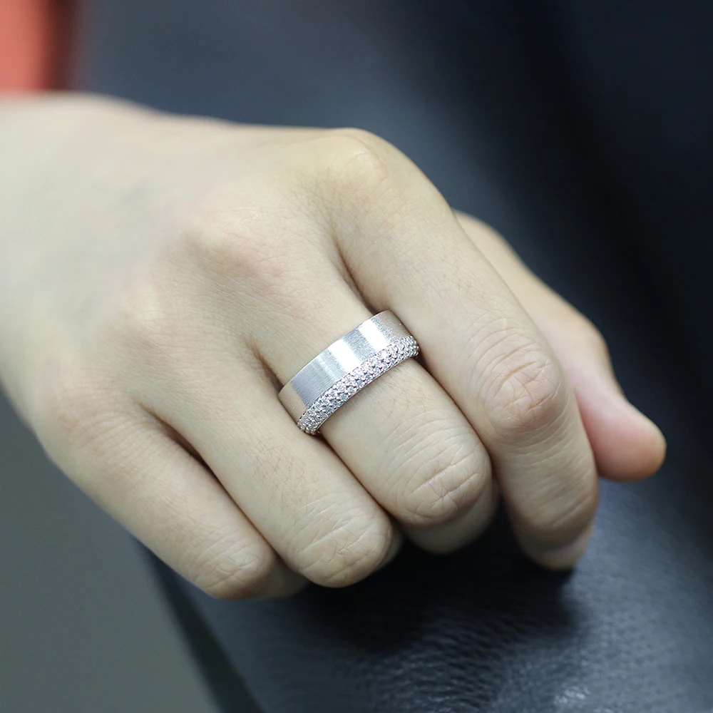 Trendy Simplicity Platinum Plated Silver 8mm Width Band 1.4-1.5mm Heart and Arrow Cut Moissanite Abbuversary Ring(7)