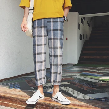 

2018 New Tide Male Fashion Casual Cotton Wild Loose Young Students Summer Wide Leg Pants Men Nine Plaid