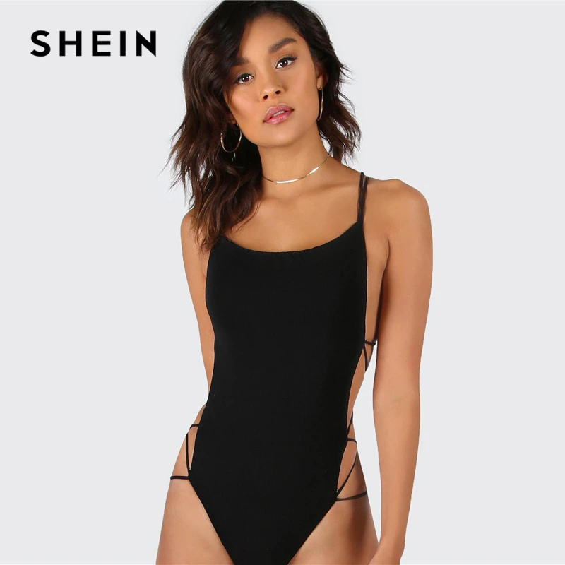 SHEIN الأسود Strappy و عارية الذراعين مثير ارتداءها سكوب الرقبة منخفضة الخصر أكمام نحيل 2019 المرأة الصيف حزب نادي داخلية