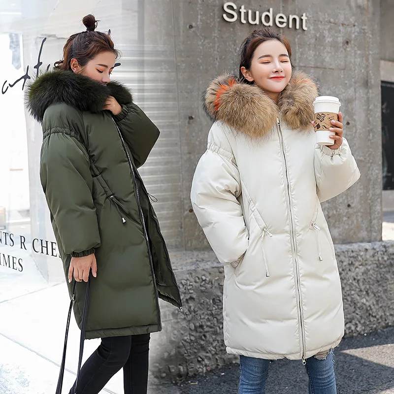 

Hooded Fur Collar Oversize Winter Down Coat Long Thick Warm Women Cotton-padded Jacket Wadded Parkas Big Pocket