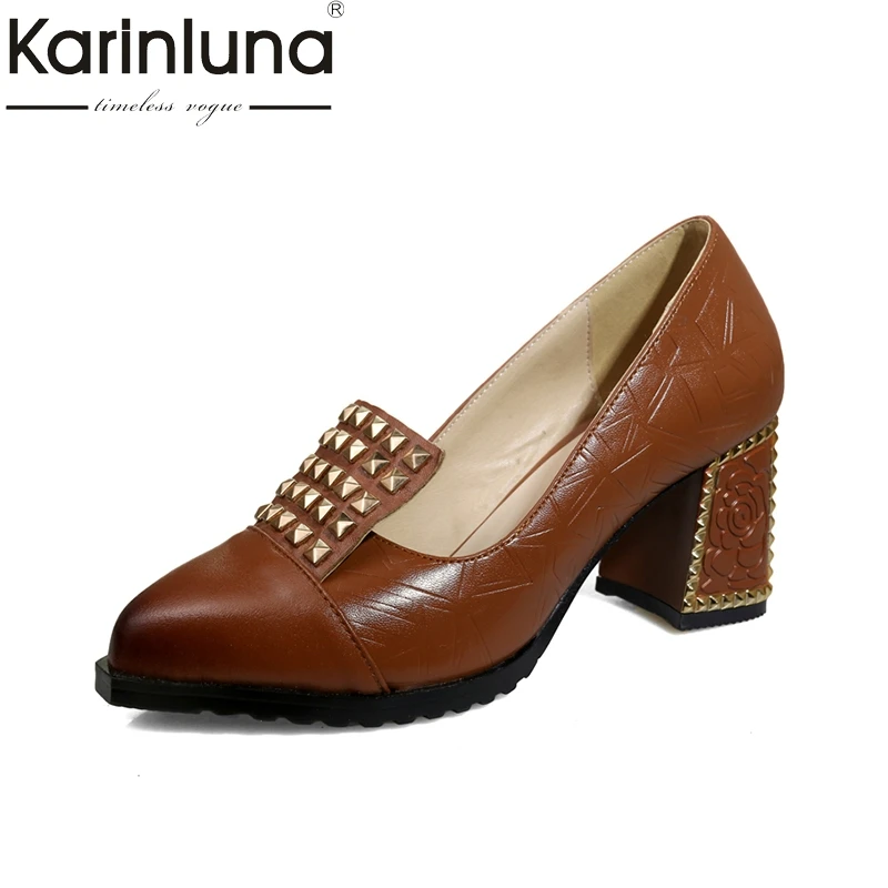 

KarinLuna genuine leather 2018 large size 34-42 rivet square high Heels women pumps woman black pointed toe Shoes woman