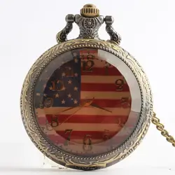 Бронзовый Мода классический американский флаг США кварцевые карманные часы Analog подвеска Цепочки и ожерелья цепь Мужская Женские подарки