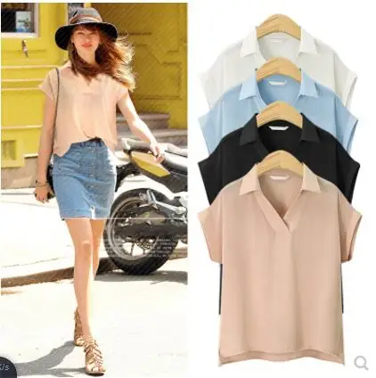 

Blusas For Womens Summer Blouses Casual Chiffon V Solid Patchwork short sleeve Tops Plus size Female Office Basic Work Wear 5XL