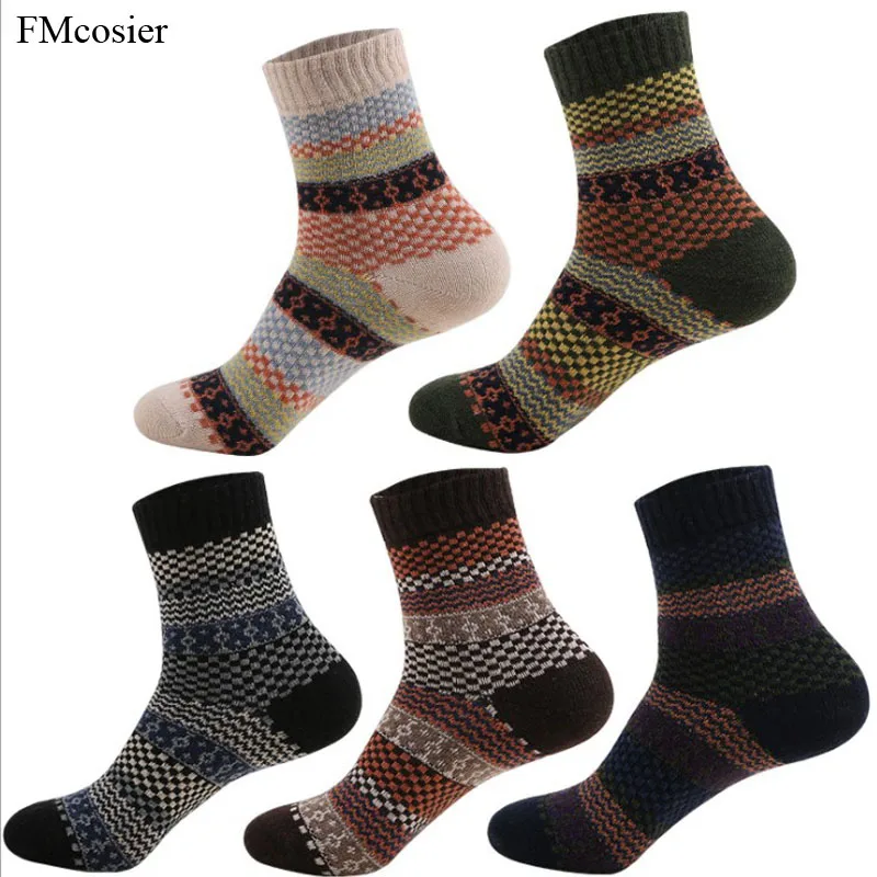 5 Pairs Winter Men Thick Socks Wool Cashmere Warm Thermal Art Crew