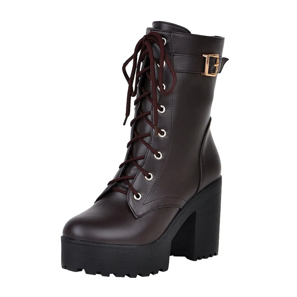 

Brand Designers 2018 New Spring Autumn Women Shoes Black Thick Heel Ankle Boots Lacing Platform Ankle Boots Chunky Size 35-43