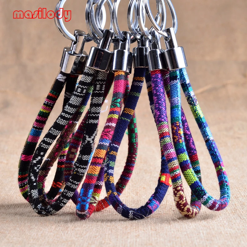 100pcs/Lot New style ethnic printing cotton keychain Braided Rope Key