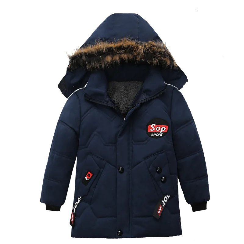 Зимнее теплое длинное Детское пальто с меховым воротником детская верхняя одежда ветронепроницаемые флисовые куртки для маленьких мальчиков и девочек на рост 90-110 см