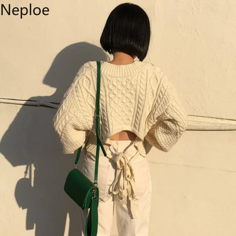 Neploe, Осень-зима, женские свитера и пуловеры, корейская мода, топы, v-образный вырез, вязанные Джемперы, на шнуровке, Pull Femme Sueter Mujer
