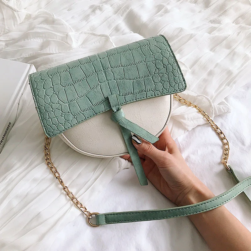

2019 Luxury Handbags Women Stone Pattern Saddle Bag Chain Small Pu Leather Green Fashion Shoulder Messenger Bags Designer
