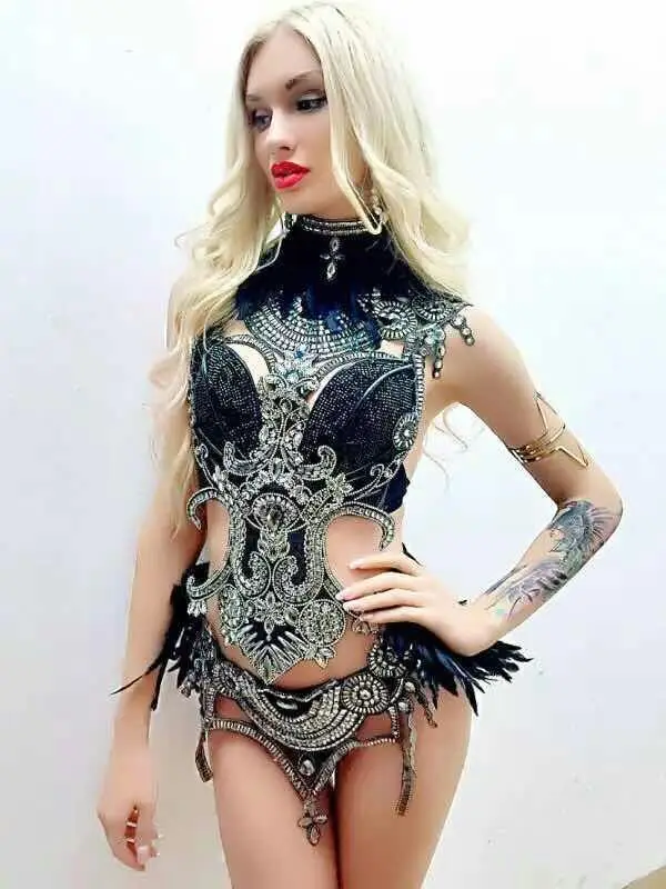 

Bright Sequins Black Feather Bodysuit Stage Dancewear 4 Pieces Costume Female Singer Prom Wear Fashion Show Dj Outfit Clothing