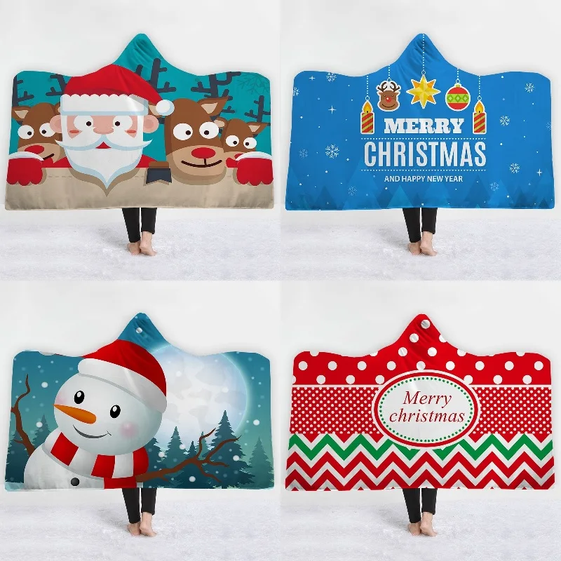 Hood Blanket Christmas Printed 150*200cm Fleece Weighted Blanket Warm