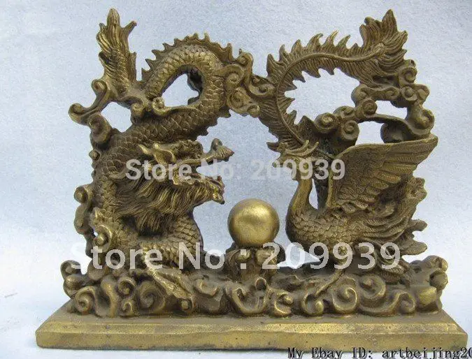 

6 inch chinese art brass exquisite mythology Dragon phoenix play bead Statue AB00047 (A0314)