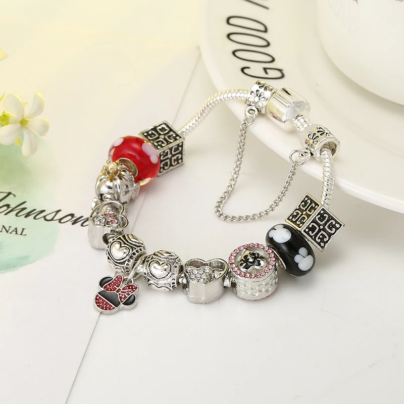 Дропшиппинг Микки Минни браслет с красными бусинами Марано подходит DIY брендовый браслет для женщин дети праздничные украшения подарок