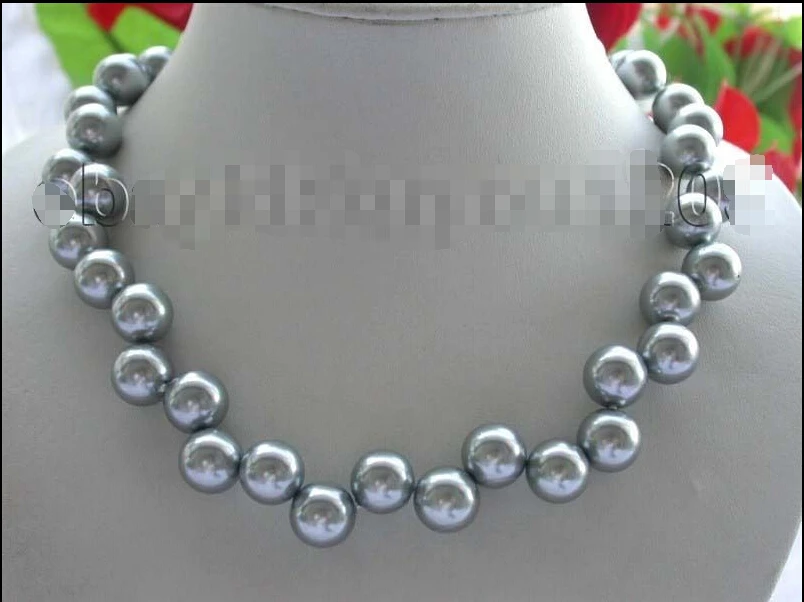 

DH574 P15 fast 17" Genuine Natural 12mm Gray Round Shell Pearl necklace! NEW