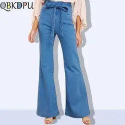 Синий галстук талии женские джинсы клёш облегающие джинсовые брюки Винтаж одежда 2019 весна штаны с высокой талией поясом эластичный
