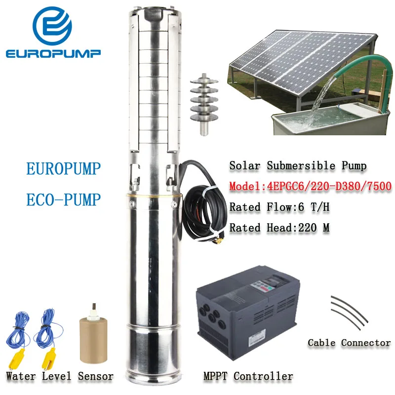 

EUROPUMP 4Inch 10HP outlet 1.25" Lift 220M Flow 6000LPH High Speed Solar Water Pump MPPT controller MODEL(4EPGC6/220-D380/7500)