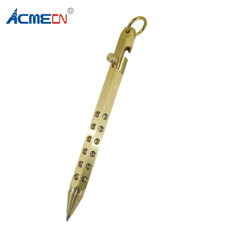 

ACMECN Hexagonal Copper Tactical Ball Pen with Key Ring Mini Gun Style Holes Design Solid Brass Ballpoint Pen for Easter Gifts