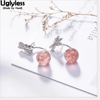 

Uglyless Natural Strawberry Quartz Ball Stud Earrings Women Handmade Solid 925 Silver Bow Studs Detachable Dual Use Fine Jewelry