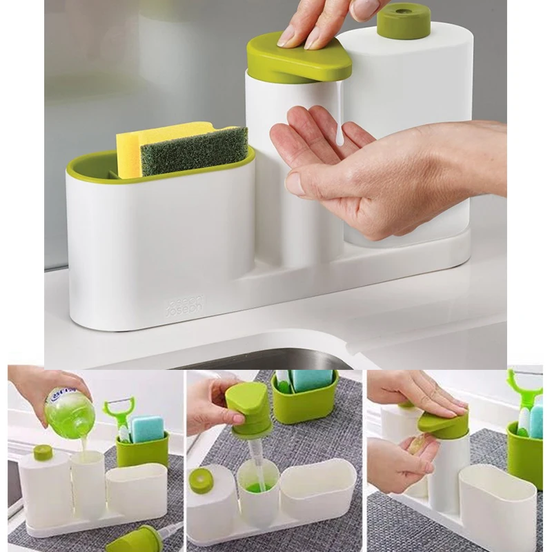 Kitchen Sink Detergent Dispenser Stand With Sponge Storage Liquid Soap Automatic Dispenser Shelf Set Bathroom Organizer Green