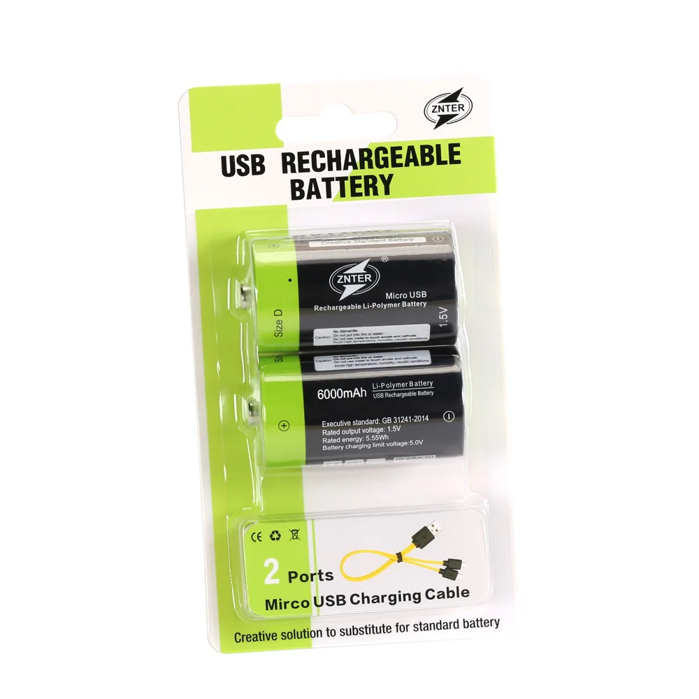 

ZNTER 2pcs D size 6000mAh Lithium Battery Bateria 1.5v 6000mAh Rechargeable Battery Multifunctional Li-polymer with usb cable