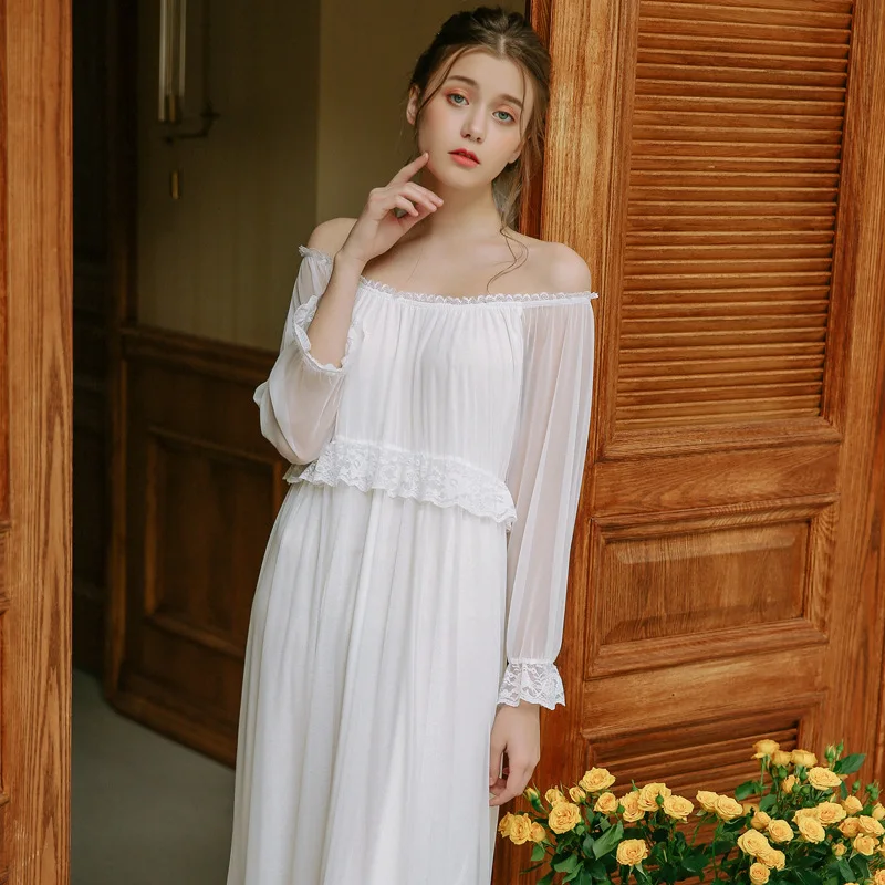 

Palace Princess Pyjamas Female Night Dress Spring Retro Sexy Cute Long Sleeve Lace Sleeping Skirt Solid Nightgown Night Dress