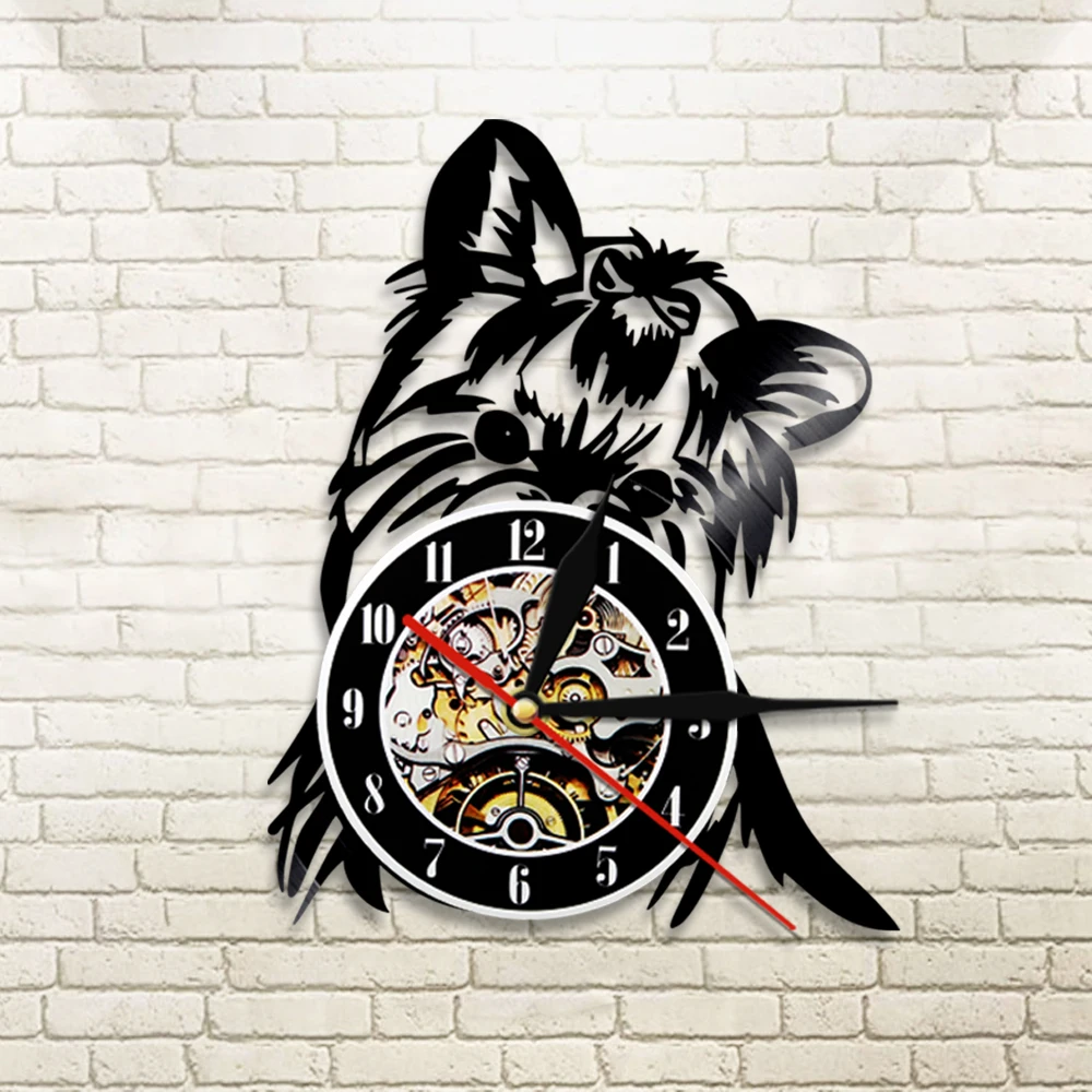 1 шт. Йоркширский терьер настенные часы Vintange собака Силуэт виниловые часы домашний декор животных стены искусства ручной работы подарок для любимого собаки