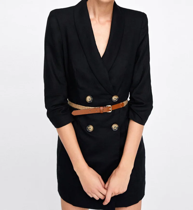 Женский, черный костюм Блейзер 2018 осенняя куртка двубортный карман Для женщин блейзеры куртки офисные Бизнес костюм