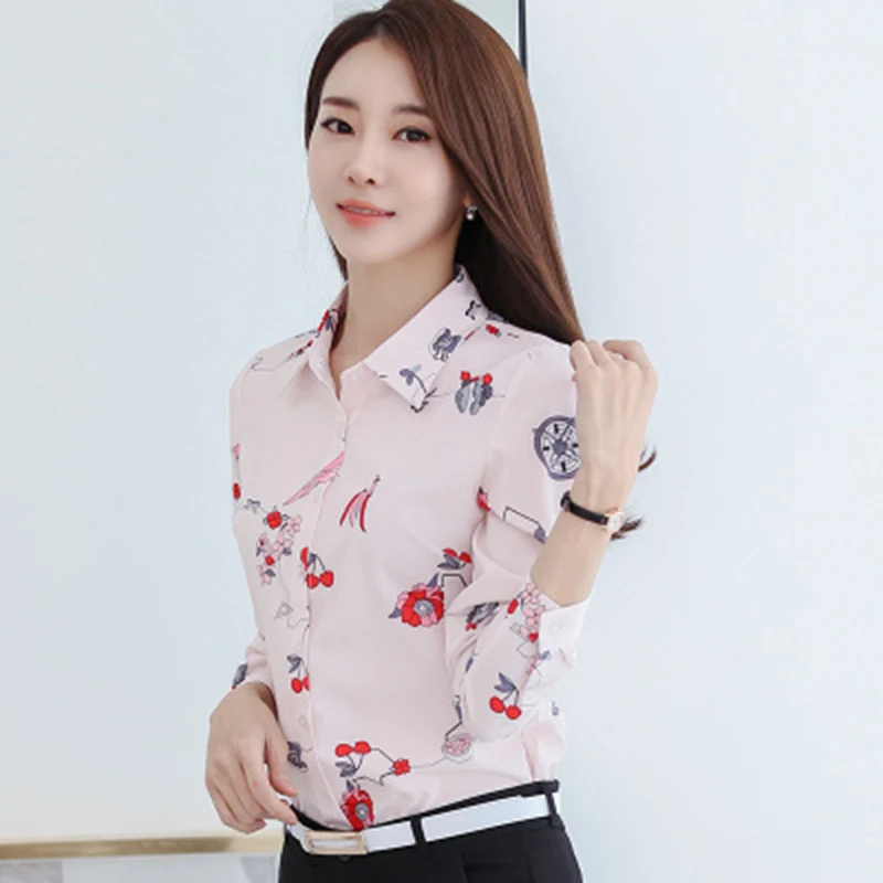 light pink Женская блуза с длинным рукавом, с голубыми бабочками и цветочным принтом, лето-осень, топ, элегантный, для работы, офиса, размера плюс, белая блузка C181 - Цвет: light pink